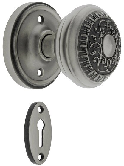 Classic Rosette Mortise Lock Set With Egg And Dart Door Knobs in Antique Pewter finish.